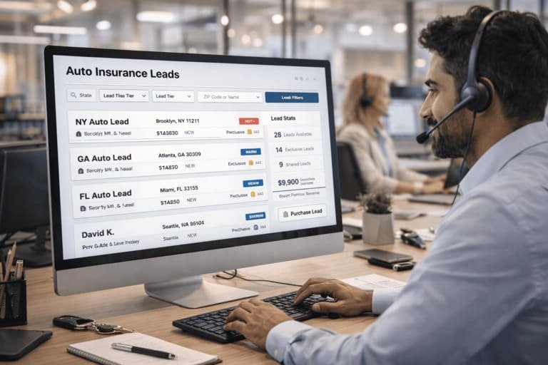 Buyers reviewing fresh auto insurance leads in a marketplace