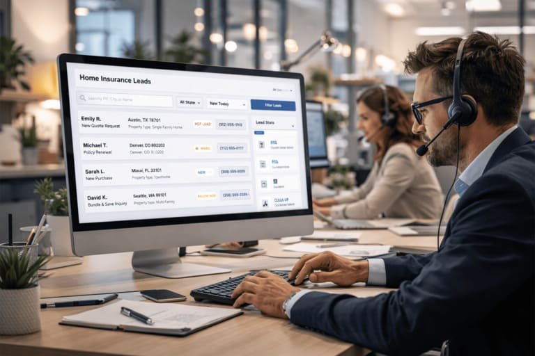 Buyers reviewing fresh home insurance leads in a marketplace