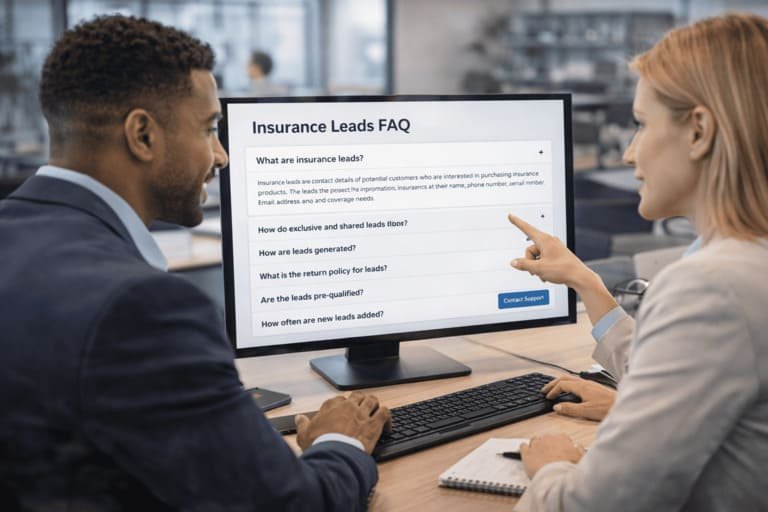 Insurance lead buyers reviewing questions about the platform