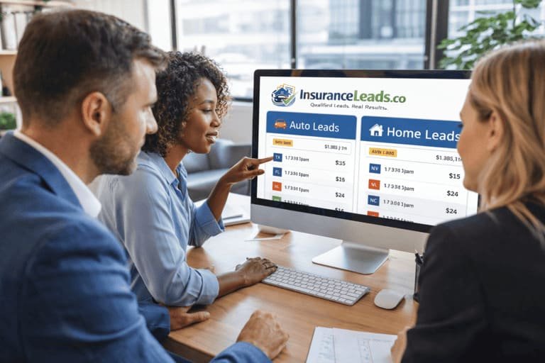 Insurance lead buyers reviewing fresh auto and home insurance leads